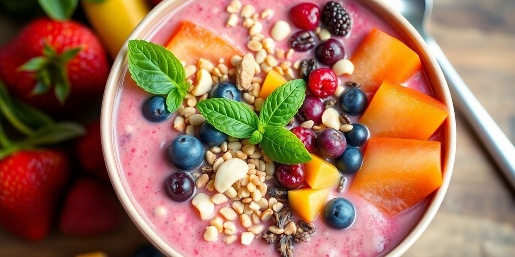 Colorful smoothie bowl with fresh fruits and nuts.