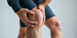 Person holding knee, expressing discomfort and concern.