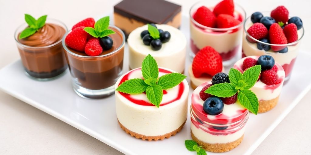 Plate of colorful zero carb desserts with mint garnish.