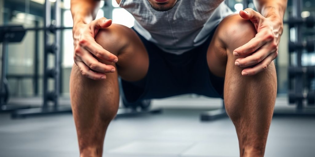 Person squatting in a gym, showing knee discomfort.