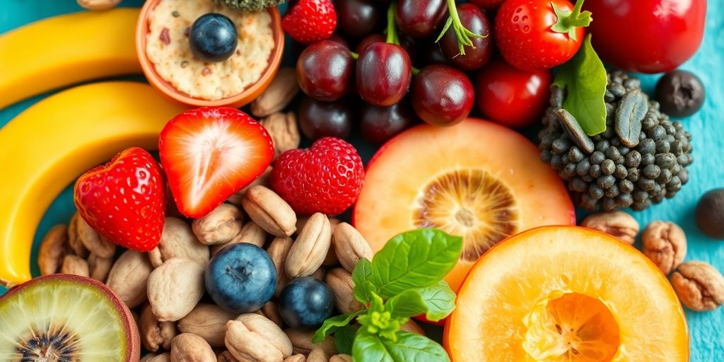 Colorful healthy snacks on a bright background.