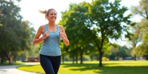 Middle-aged woman jogging in a sunny park.