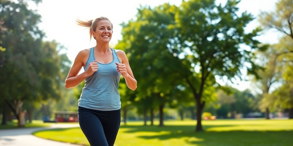Middle-aged woman jogging in a sunny park.