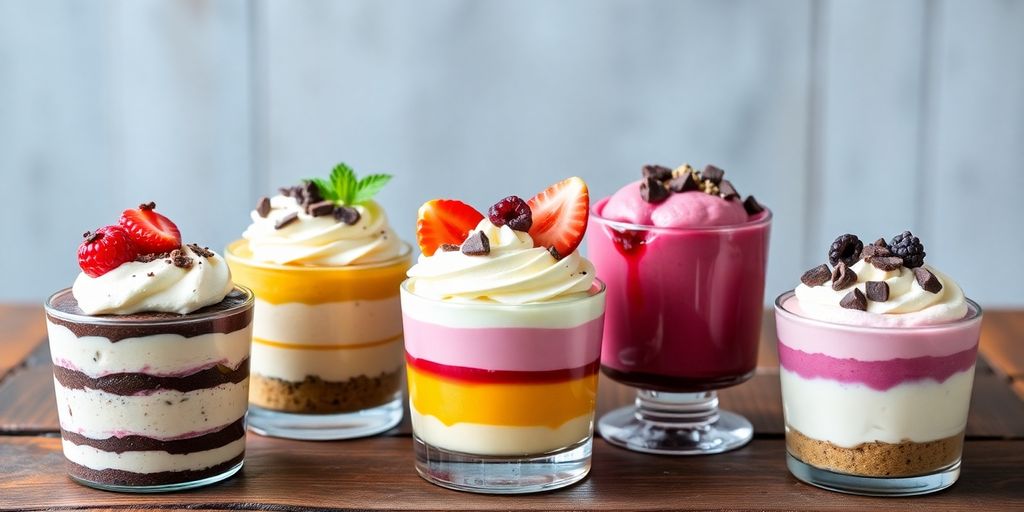 Five colorful keto desserts on a wooden table.