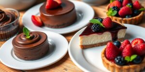 Variety of delicious carb-free desserts on a rustic table.
