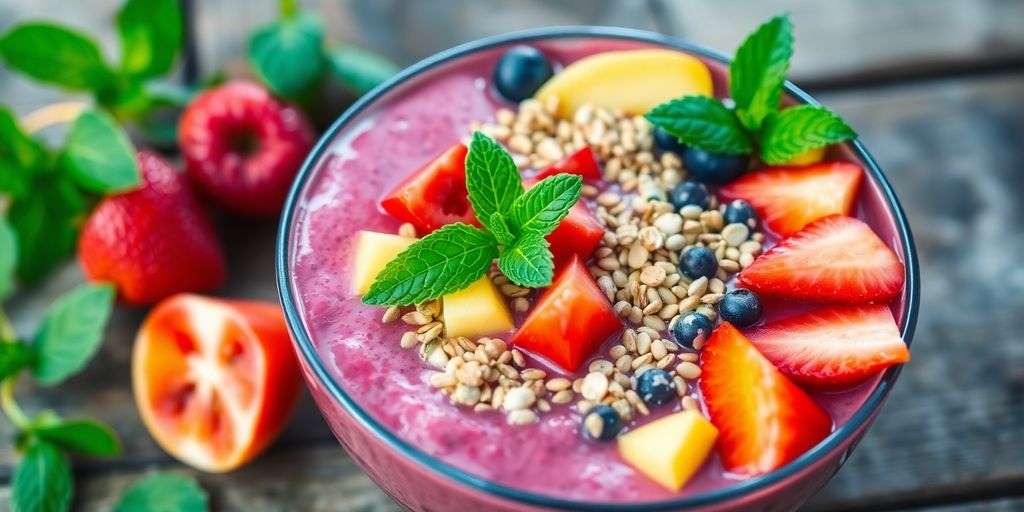 Colorful smoothie bowl with fruits and greens on wood table.
