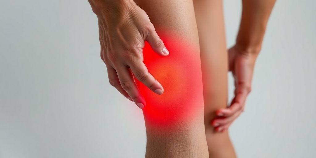 Close-up of a knee with a hand indicating pain.