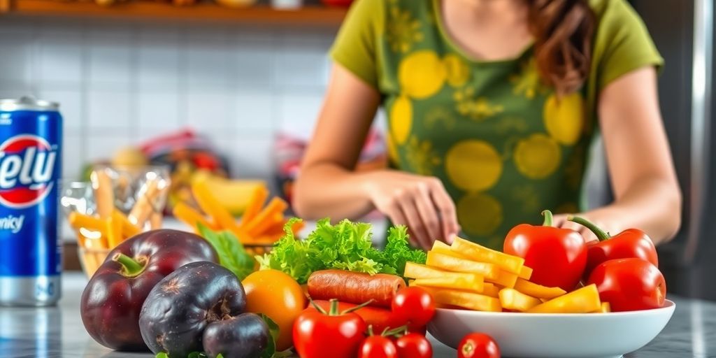 Healthy food preparation with junk food in the background.