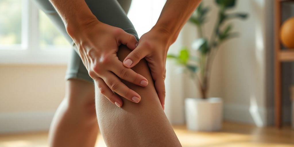Person stretching their knee in a tranquil setting.