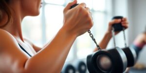Close-up of toned arms lifting weights in gym.