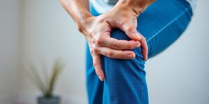 Person gripping their knee in pain, focusing on discomfort.