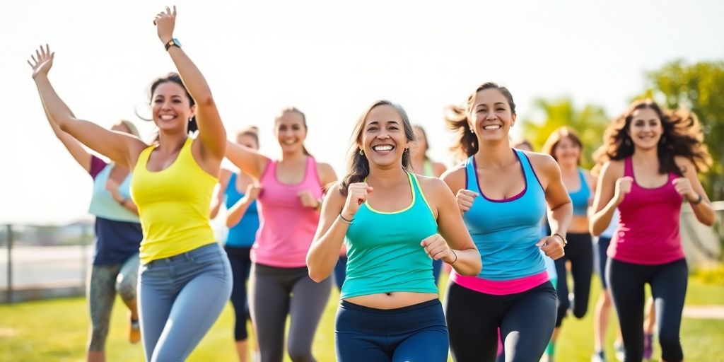 Group of diverse individuals exercising outdoors in vibrant colors.