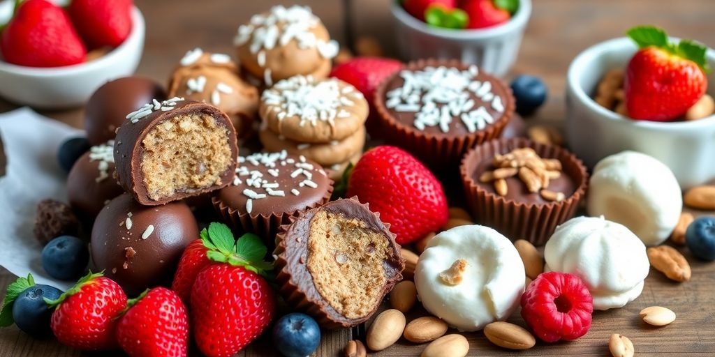 Colorful keto sweet snacks on a wooden table.