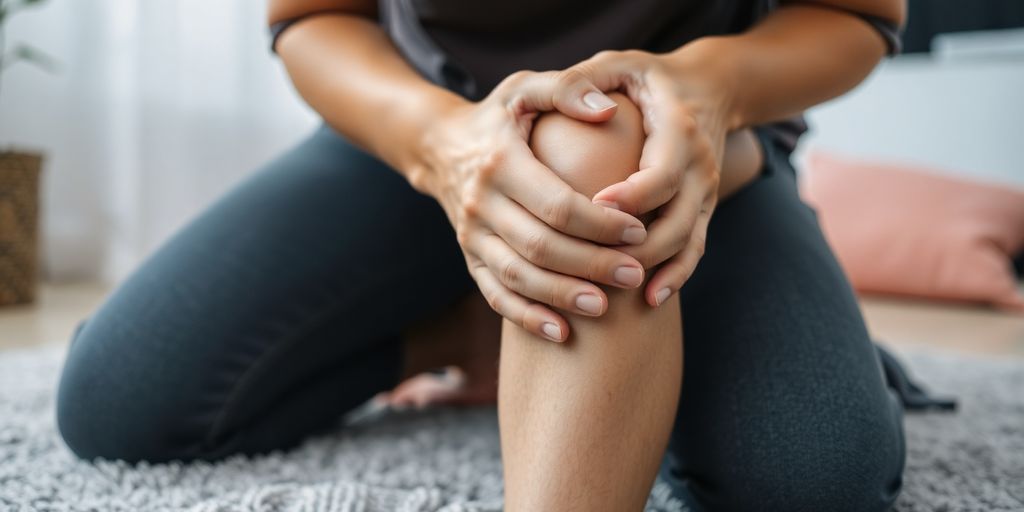 Person kneeling, holding knee in pain.