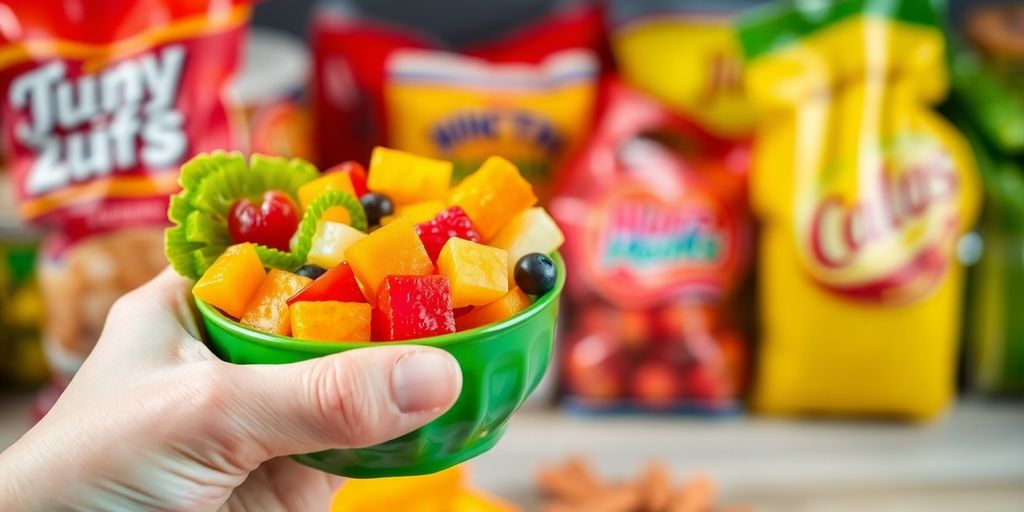 Healthy snack versus tempting junk food in the background.