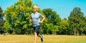 Mature person jogging in a sunlit park for fitness.