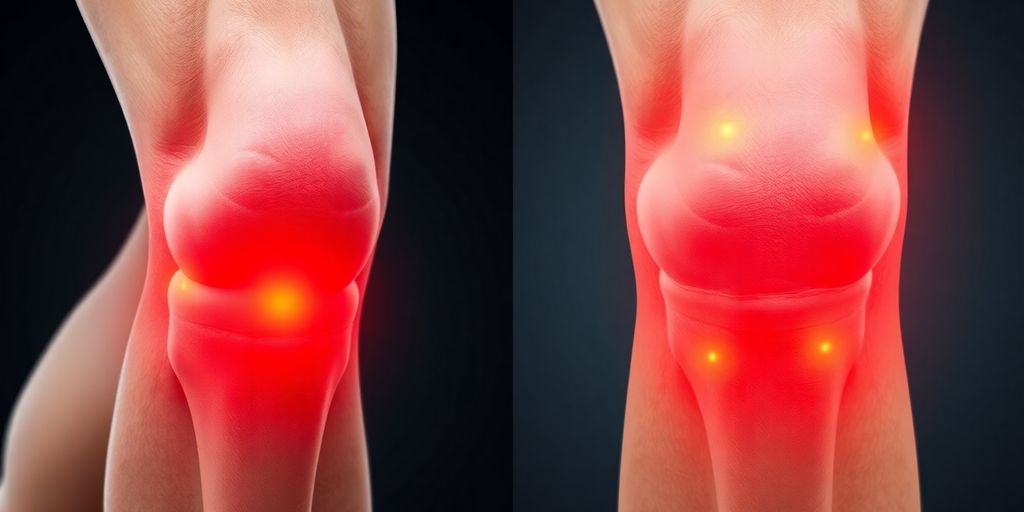 Close-up of knee joint illustrating pain areas.