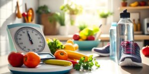 Colorful kitchen with healthy foods and workout gear.