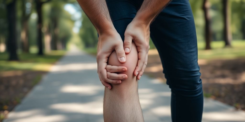 Person holding knee in pain while walking outdoors.