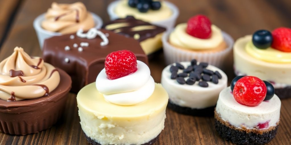 An array of delicious keto desserts on a wooden table.