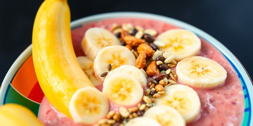 Banana smoothie bowl with nuts and seeds on top.