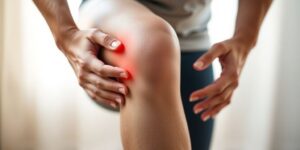 Person bending knee, focusing on inner knee area.