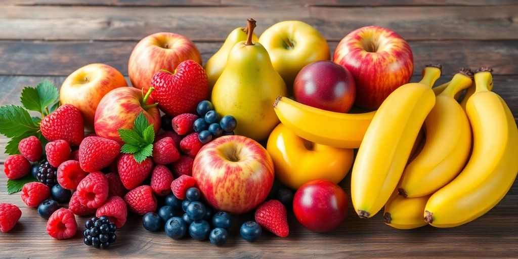 Colorful fruits rich in fiber on a wooden table.
