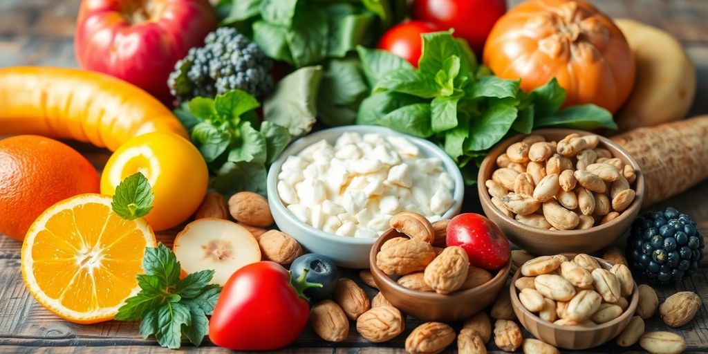 Colorful array of healthy, fiber-rich snacks on table.